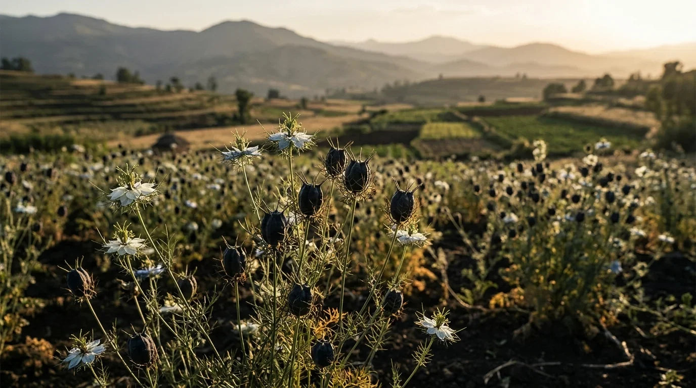 Mature Nigella sativa plants and black seed pods at harvest