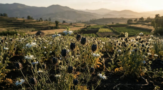 Mature Nigella sativa plants and black seed pods at harvest