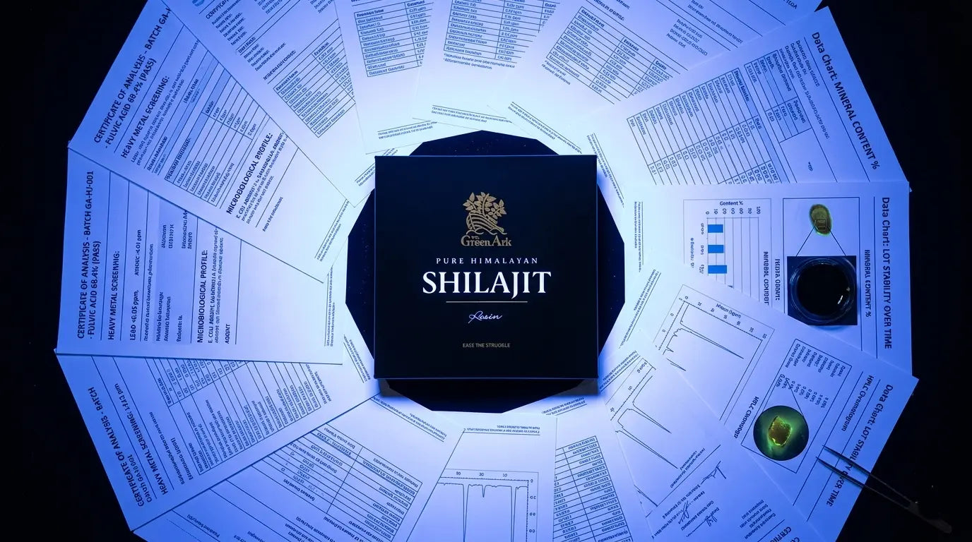 Shilajit resin box surrounded by laboratory certificates and test documents under UV light showing quality verification