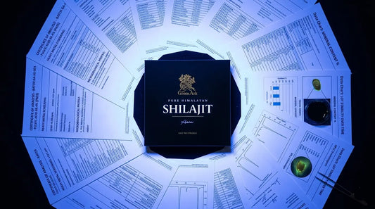 Shilajit resin box surrounded by laboratory certificates and test documents under UV light showing quality verification
