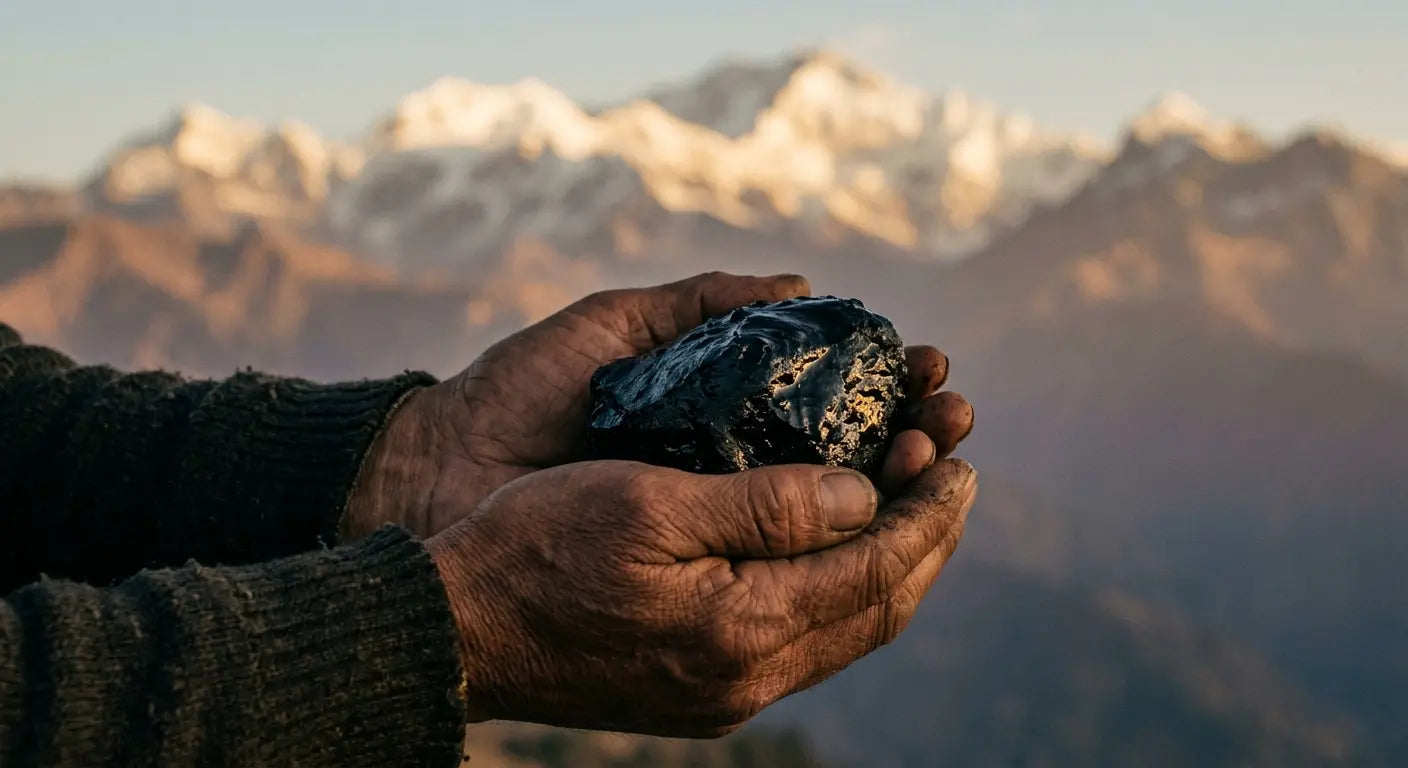 Hands holding raw Himalayan shilajit resin with snow-capped mountain peaks at golden hour