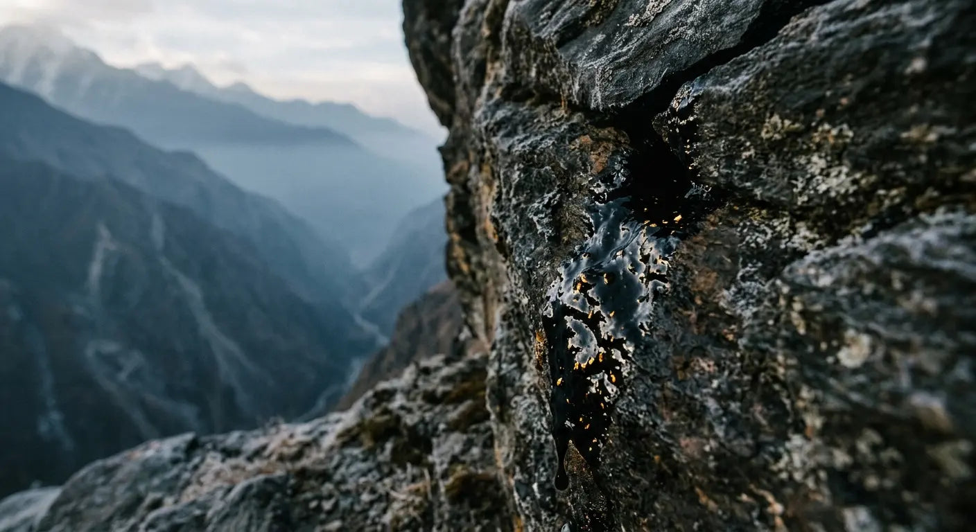 Raw shilajit resin seeping from Himalayan rock formation at high altitude showing natural source