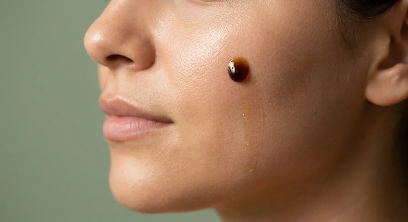 Macro beauty shot of clear, luminous skin across a cheek and jawline with a drop of black seed oil catching soft light against sage green