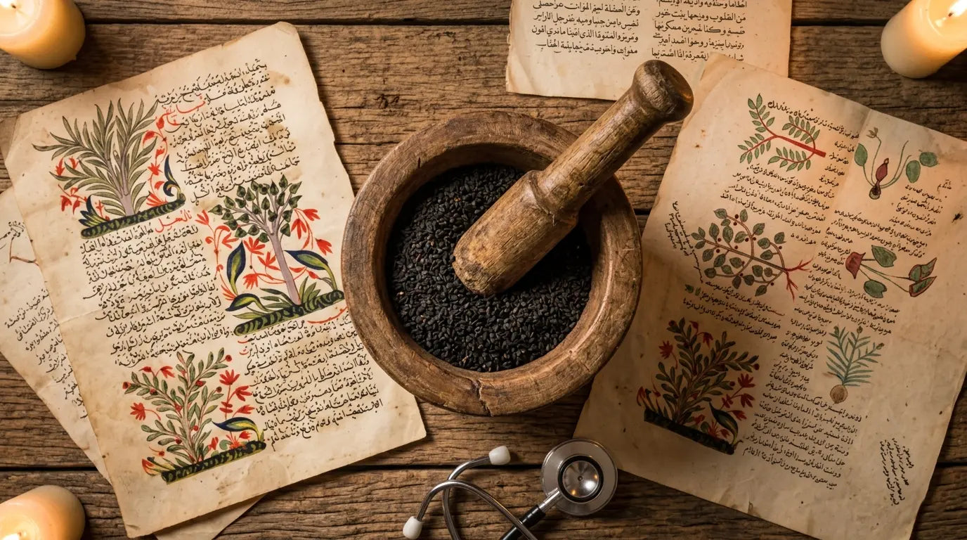 Ethiopian mortar with crushed black seeds alongside botanical illustrations and stethoscope representing traditional and clinical asthma research