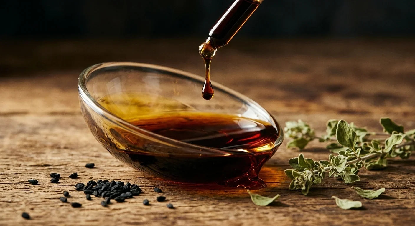 Close-up of deep amber black seed oil catching light in a glass dish with a drop falling from a dropper beside Nigella seeds and dried oregano