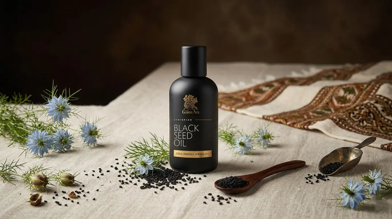 Black seed oil in amber glass bottle with Nigella sativa seeds on natural linen background