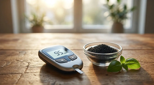 Glucometer showing healthy blood sugar reading beside black seeds in natural morning light