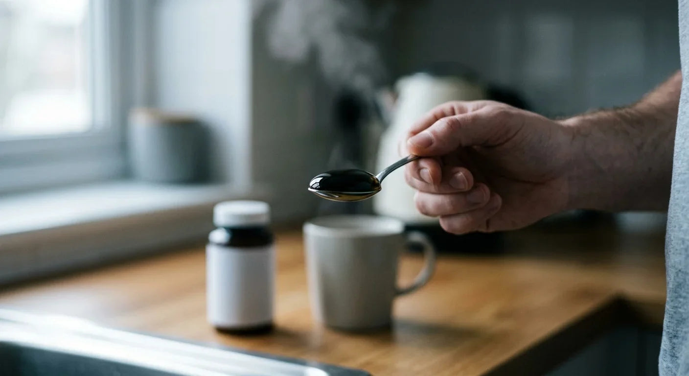 Spoonful of liquid black seed oil in focus with a capsule bottle blurred behind it
