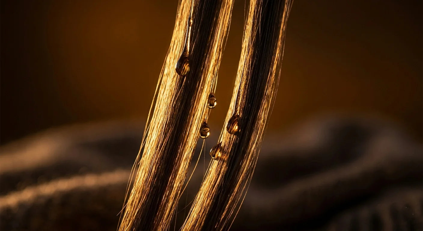 Cascade of healthy dark hair glowing amber in golden backlight with a droplet of black seed oil travelling down a strand like liquid gold