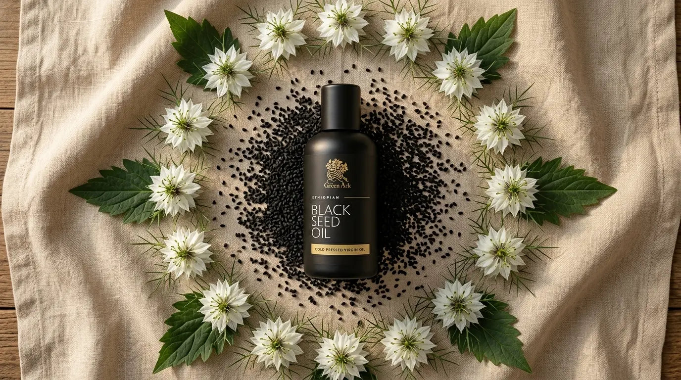 Dark amber black seed oil bottle with scattered Nigella sativa seeds on linen cloth