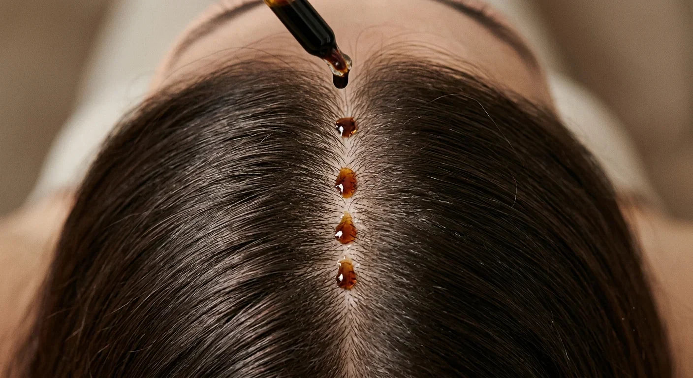 Overhead macro of a healthy hair parting with glossy droplets of black seed oil on the scalp and a dropper entering frame, illustrating root-level care