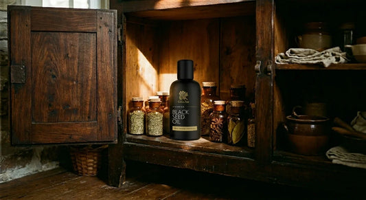 Dark glass bottle of TheGreenArk's Ethiopian black seed oil stored inside an antique walnut cabinet beside apothecary jars in soft afternoon light