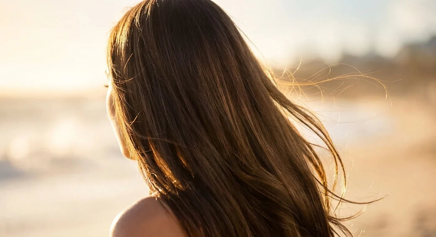 Long healthy dark hair catching bright golden sunlight with a glossy protected sheen against a soft summer sea-haze background
