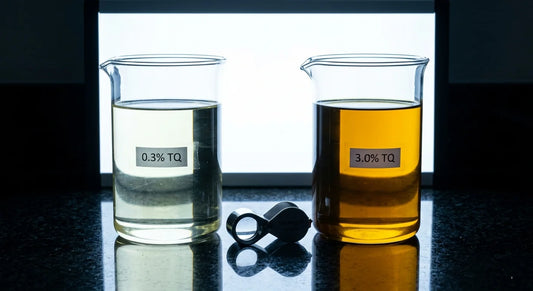 Two beakers comparing low and high thymoquinone concentration black seed oil showing dramatic colour and potency difference