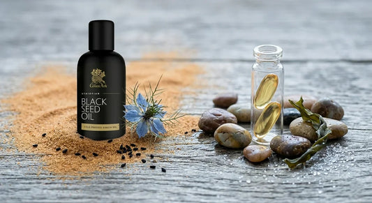 Editorial still life pairing a dark amber bottle of black seed oil with dried Nigella alongside a clear vial of golden fish oil capsules with sea pebbles