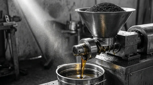 Cold-press machine extracting dark golden Nigella sativa oil from black seeds in manufacturing facility