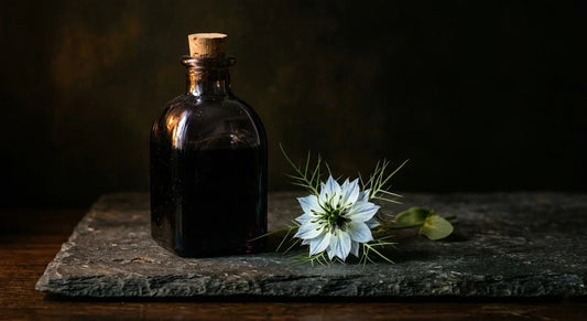 Dark violet glass bottle of cold-pressed black seed oil beside a Nigella sativa flower in dramatic chiaroscuro lighting