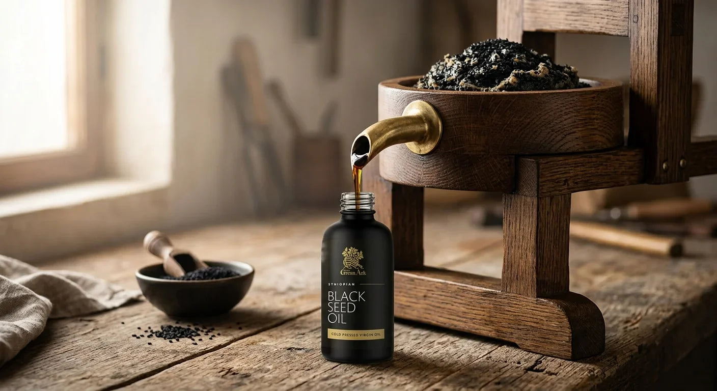 Rustic wooden oil press releasing a ribbon of dark golden black seed oil into a glass vessel above a mound of freshly crushed Nigella seeds