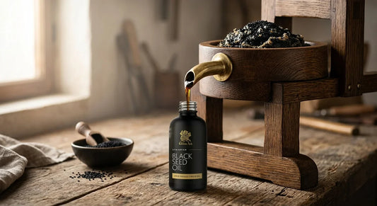 Rustic wooden oil press releasing a ribbon of dark golden black seed oil into a glass vessel above a mound of freshly crushed Nigella seeds
