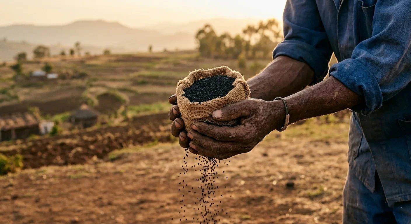 Weathered farmer's hands cradling a jute pouch of raw Nigella sativa seeds against Ethiopian highland terraced farmland at golden hour