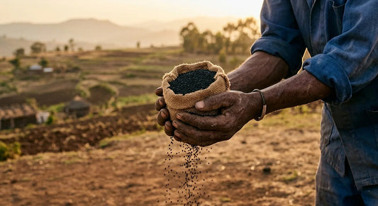 Weathered farmer's hands cradling a jute pouch of raw Nigella sativa seeds against Ethiopian highland terraced farmland at golden hour
