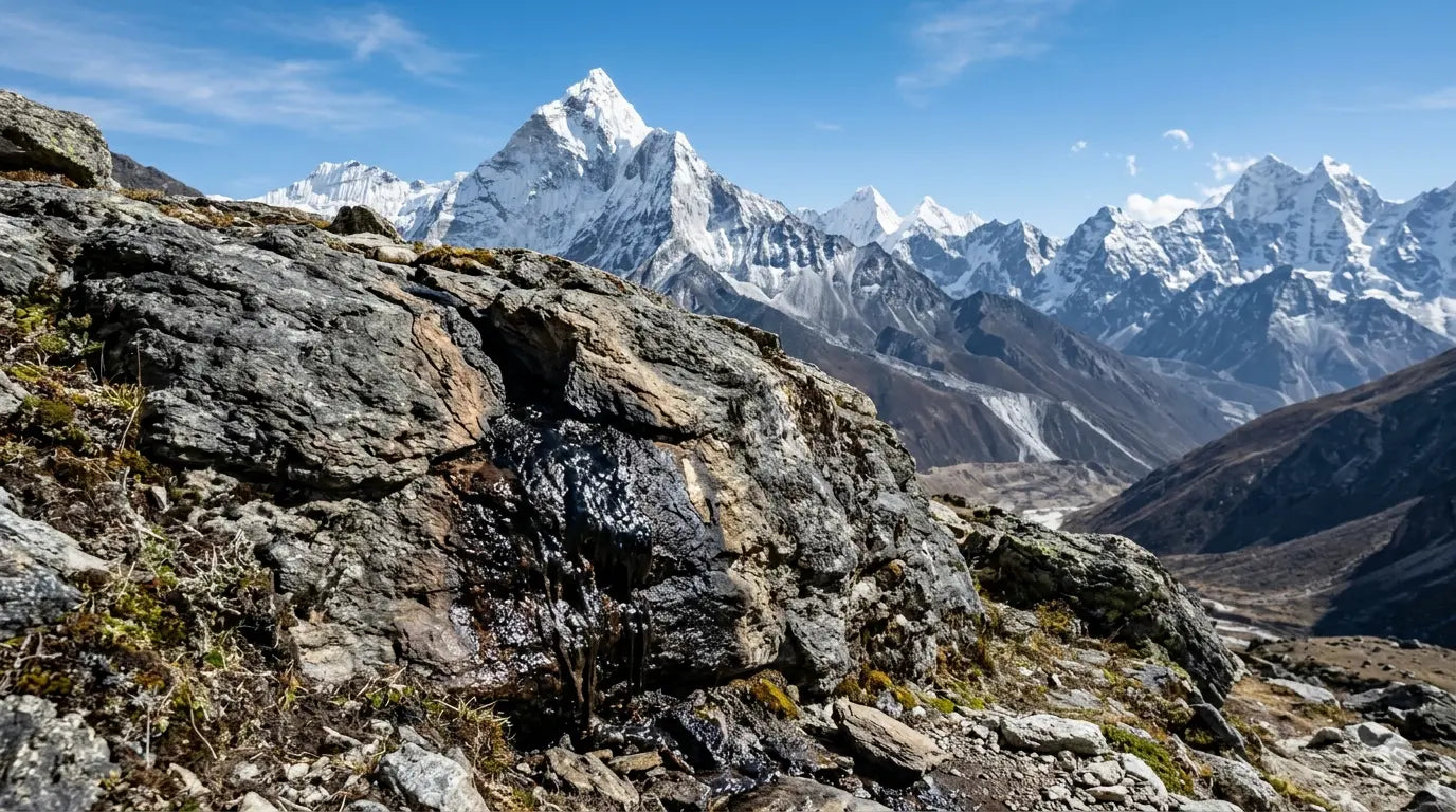 Close-up of natural Shilajit resin exuding from a Himalayan rock face with snow-capped mountain peaks in the background.