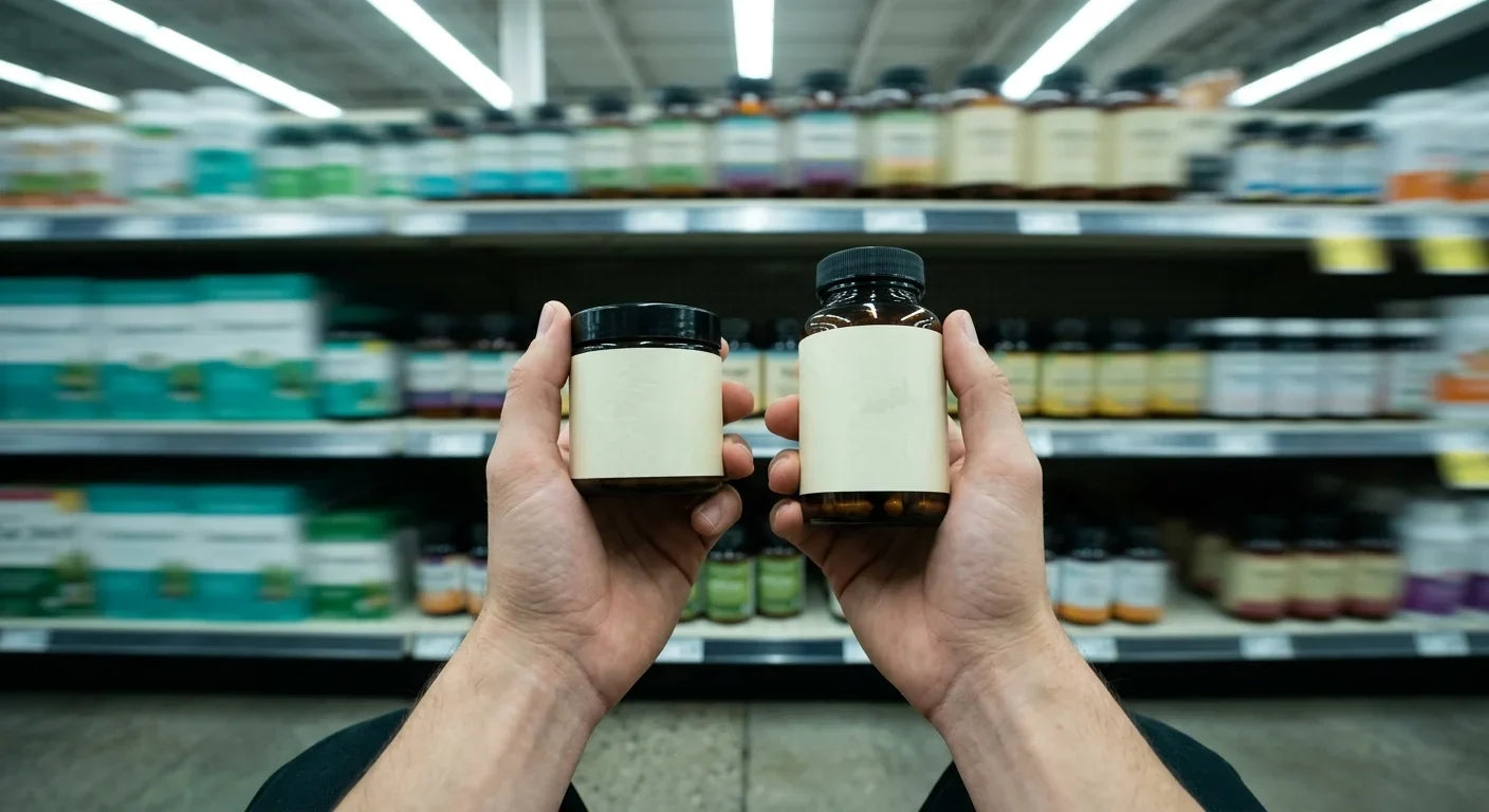 Hands comparing two unbranded shilajit supplements while choosing the best one for energy