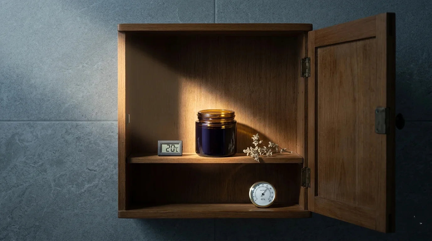Shilajit resin in violet glass jar stored inside a cool dark cabinet with thermometer and hygrometer for proper preservation