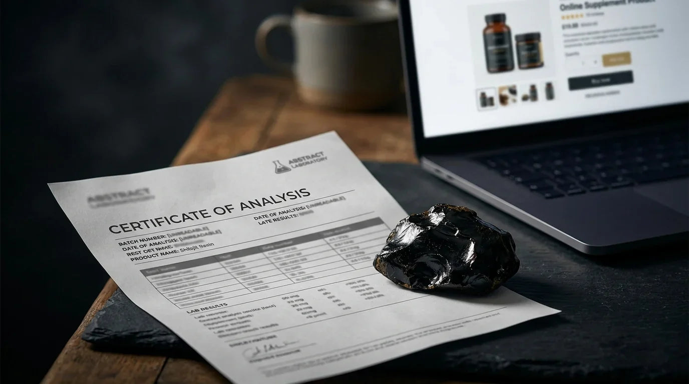 Lab-tested shilajit resin beside a Certificate of Analysis