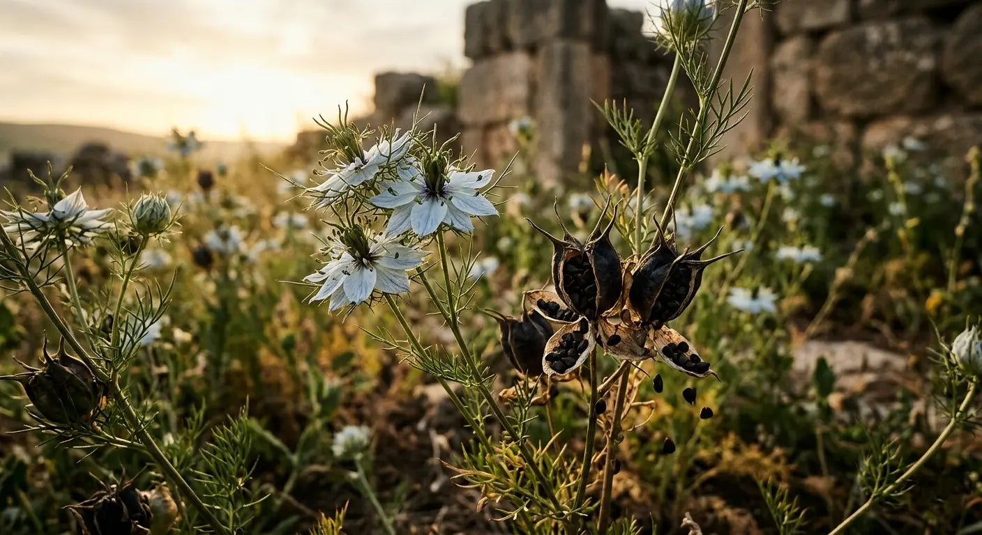 Close-up of Nigella sativa flowers and seed pods in soft cinematic light