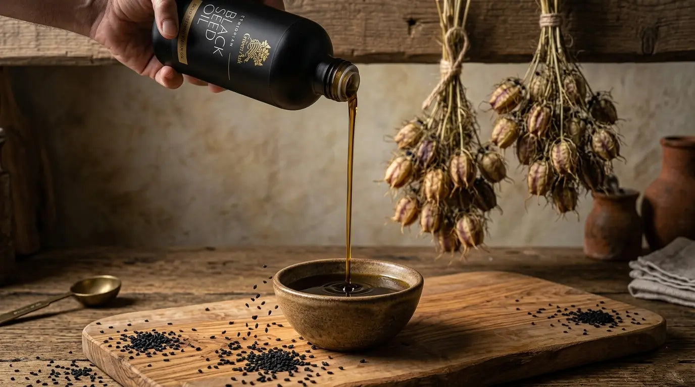 Cold-pressed organic black seed oil poured into ceramic bowl with Nigella sativa seeds and dried seed pods