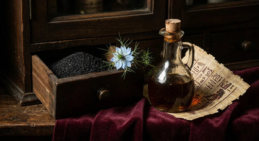 Apothecary still life with Nigella sativa seeds, oil decanter, and ancient papyrus representing black seed oil heritage