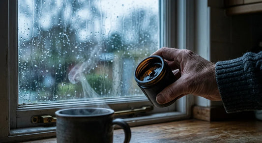 Man holding a jar of pure Himalayan shilajit resin by a rain-streaked window at dawn