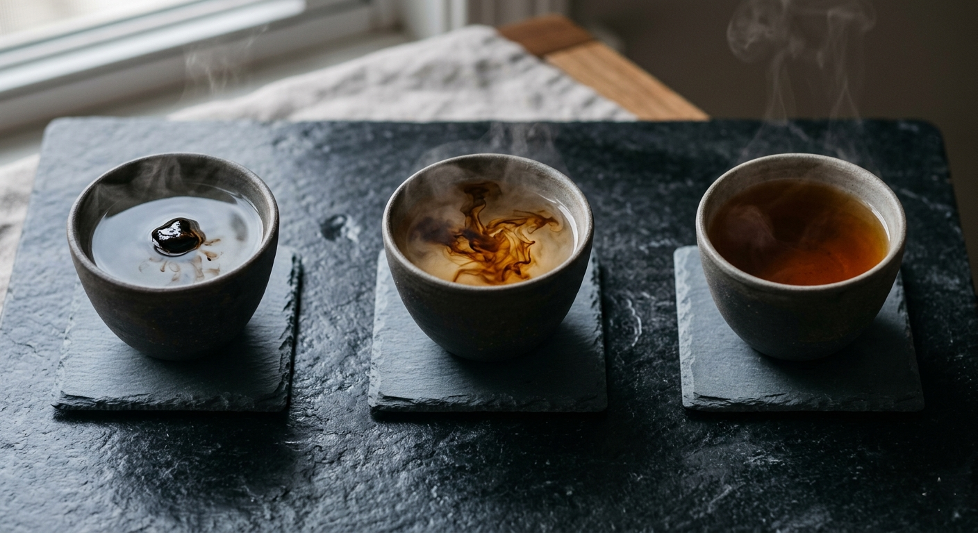 Three-stage triptych of shilajit resin dissolving progressively into warm water in ceramic cups on dark slate, evoking a daily ritual