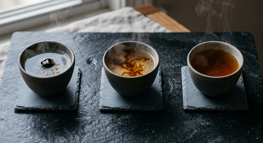 Three-stage triptych of shilajit resin dissolving progressively into warm water in ceramic cups on dark slate, evoking a daily ritual