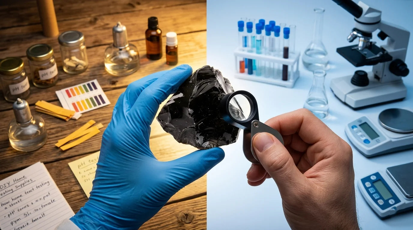 Hands examining shilajit resin with magnifying loupe bridging home testing and laboratory verification