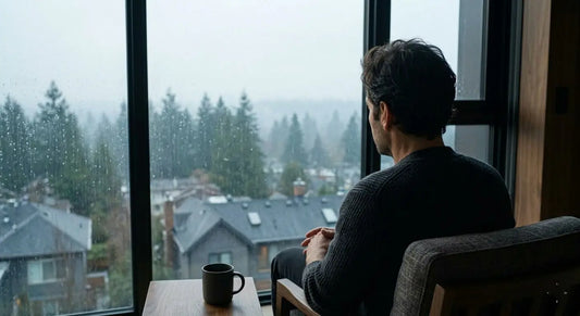 Fatigued man sitting by a window in soft morning light, representing chronic fatigue syndrome and low energy