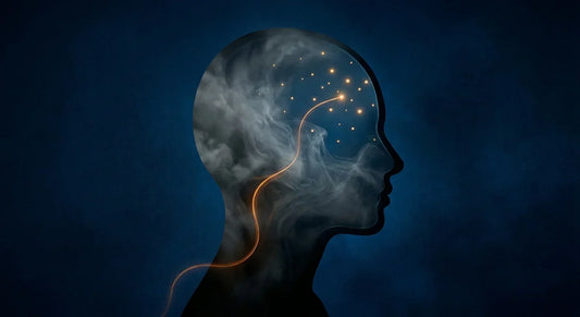 Profile silhouette of a head with interior grey fog dissolving into clarity and golden light, evoking shilajit clearing mental cloudiness