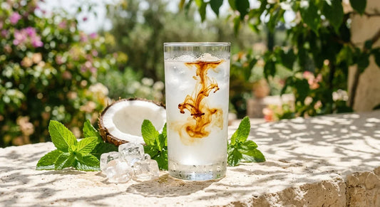Tall glass of cool coconut water with dark shilajit resin dissolving through it, beside fresh mint, coconut, and ice cubes in bright summer light