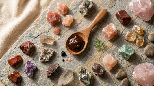 Authentic Himalayan shilajit resin on wooden spoon with natural minerals on stone surface