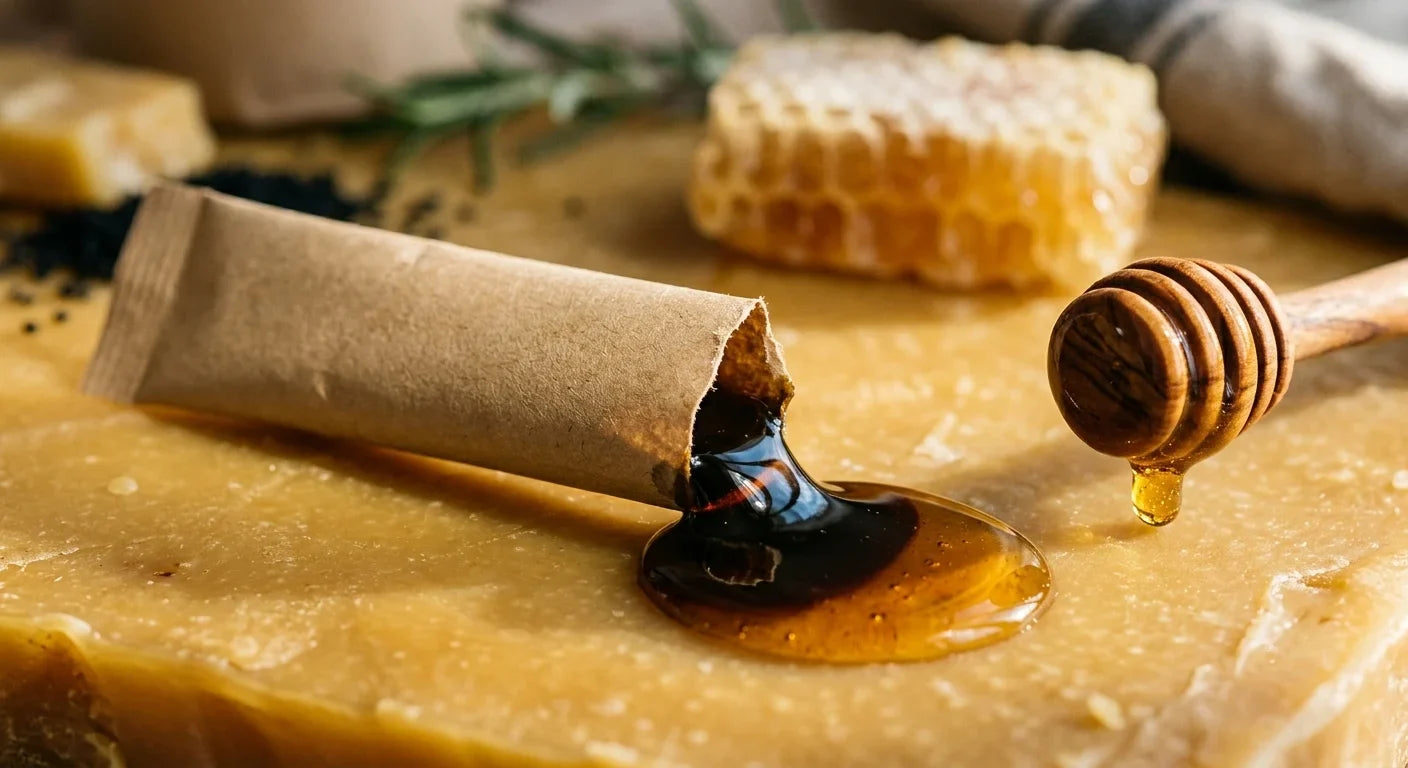 Open kraft sachet with dark shilajit-infused honey oozing onto a beeswax surface beside a wooden honey dipper and honeycomb