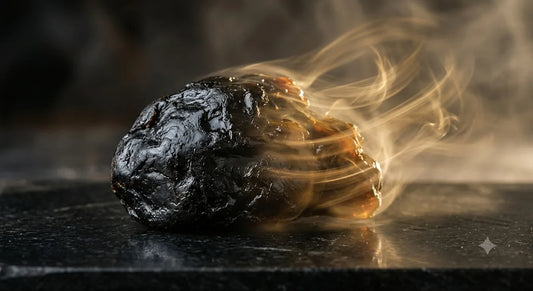 Glossy mass of dark shilajit resin on polished stone, half sharp and tactile, half dissolving into hazy golden light, evoking evidence versus marketing hype