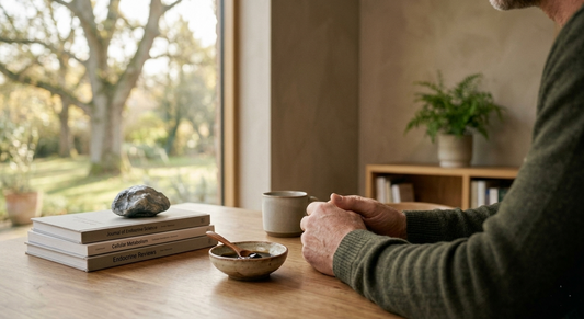 Mature man seated by a window with shilajit resin and endocrine science books, representing evidence-based natural testosterone support