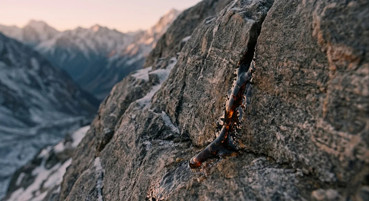 Dark shilajit resin seeping from a narrow crack in a Himalayan rock face at dawn, with mineral striations and traces of snow