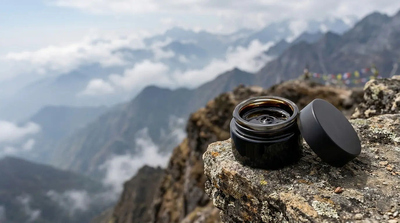 Jar of pure shilajit resin on Himalayan mountain cliff edge with panoramic peak view behind