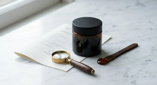 Dark amber jar of shilajit resin on white marble beside a folded certificate of analysis and a brass-rimmed magnifying loupe