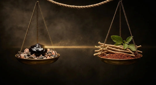 Brass weighing scales balancing shilajit resin and ashwagandha root representing a head-to-head supplement comparison