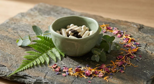 Sage-green ceramic bowl holding plant-based shilajit capsules on Himalayan slate, framed by fresh fern and eucalyptus